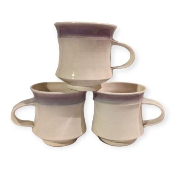 3 Art Pottery Mugs Signed Coffee Cup Handmade Studio Tea Purple White Stripe Set - Picture 1 of 16